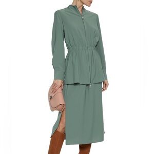 Tibi Layered Woven Wool Blend Peplum Zipper Front Long Sleeve Midi Dress